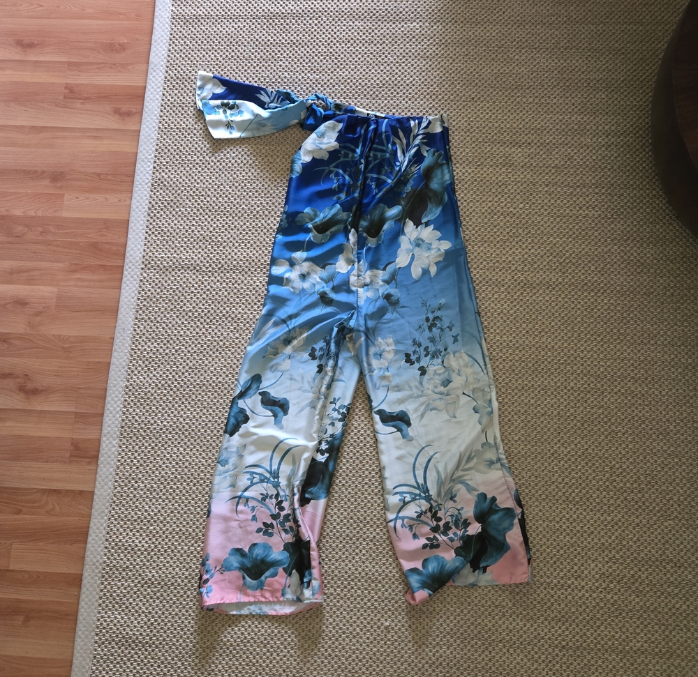 ZARA Floral Satin Wide-Leg Jumpsuit in Blue